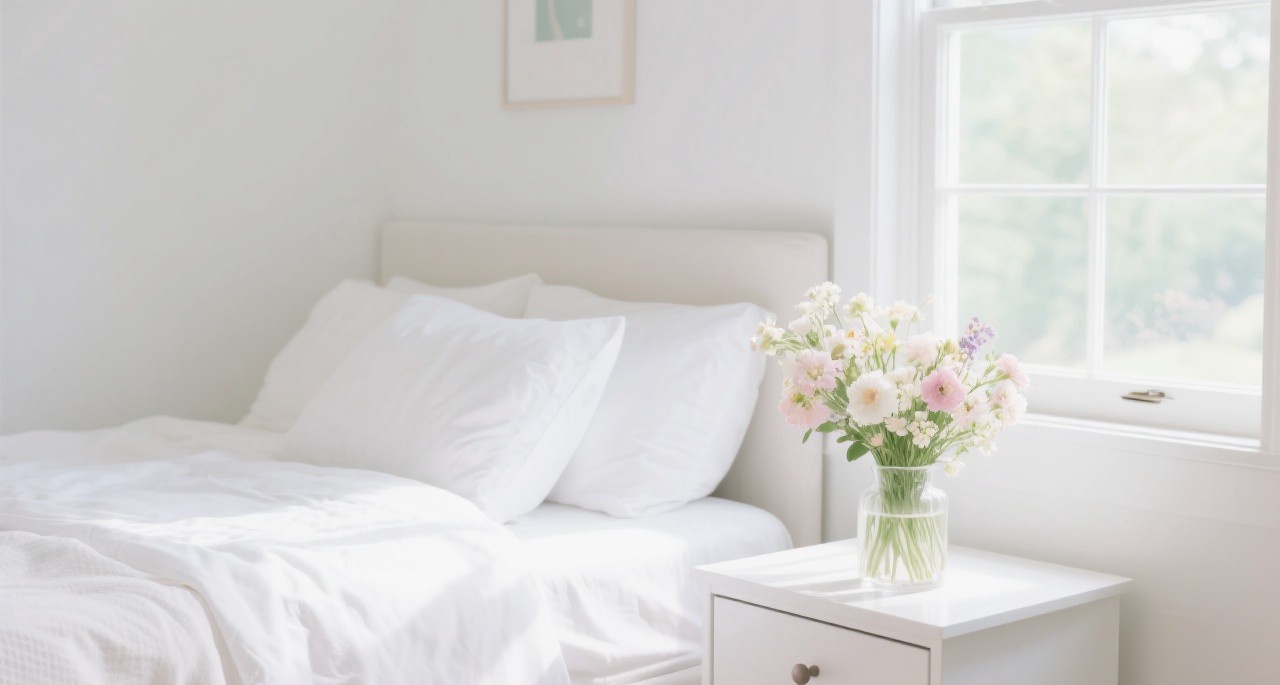 Beautifully organized bedroom with fresh spring flowers and clean white linens