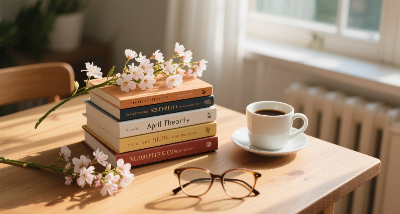 A stack of self-help books with spring flowers and coffee, representing April Theory reading recommendations