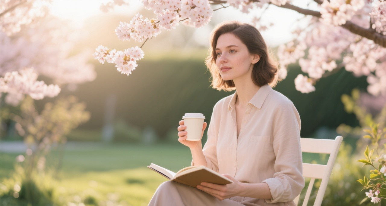 Confident woman enjoying spring morning with coffee and journal outdoors