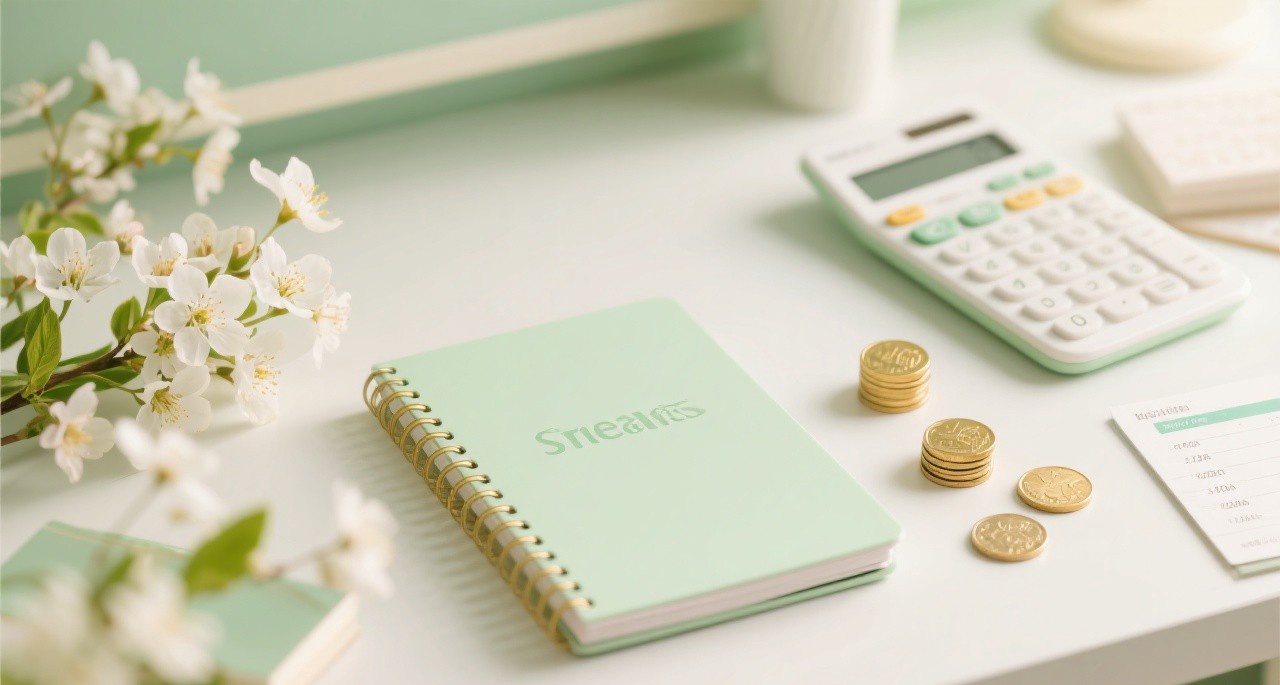 Financial fresh start with notebook, calculator, coins, and spring flowers