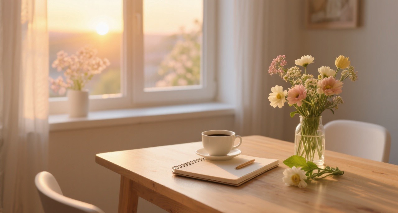 Peaceful morning routine with journal, coffee, and fresh flowers on a wooden table