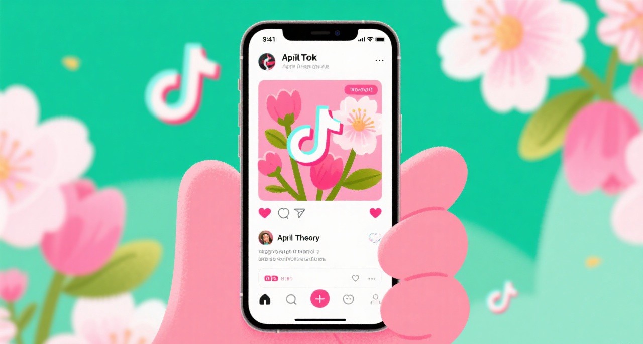 TikTok interface on smartphone showing April Theory content with spring flowers, representing the viral social media trend