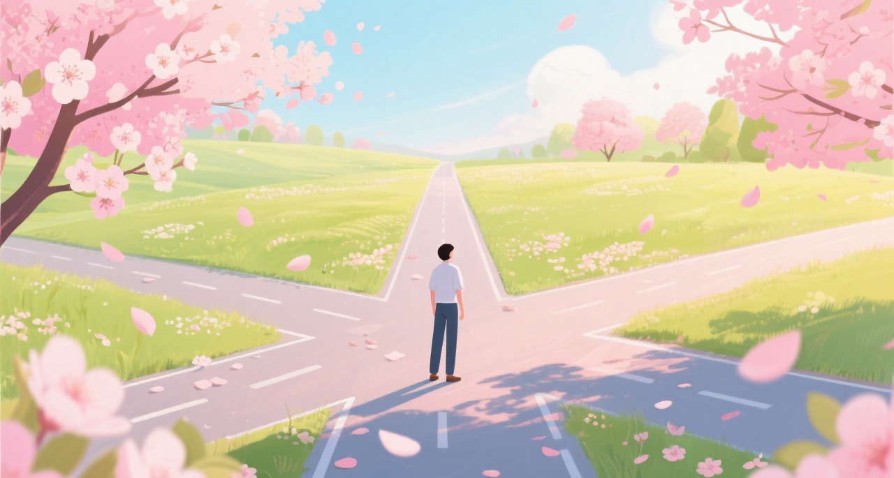 A person at a crossroads in spring with cherry blossoms, representing April Theory and the choice for new beginnings